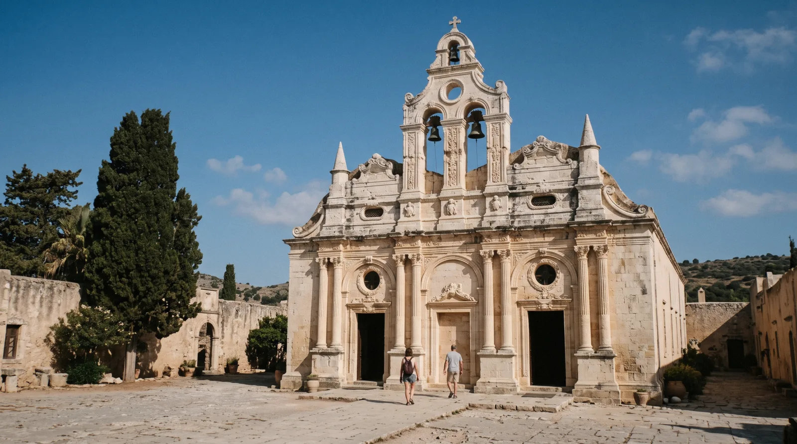The Venetian baroque facade of Arkadi Monastery under a clear blue sky, Crete