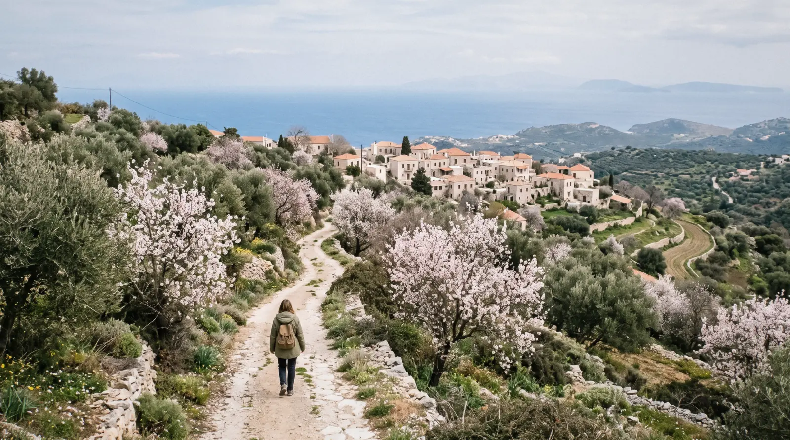 Almond blossom and quiet stone terraces above a Crete hillside in the best time to visit Crete shoulder season