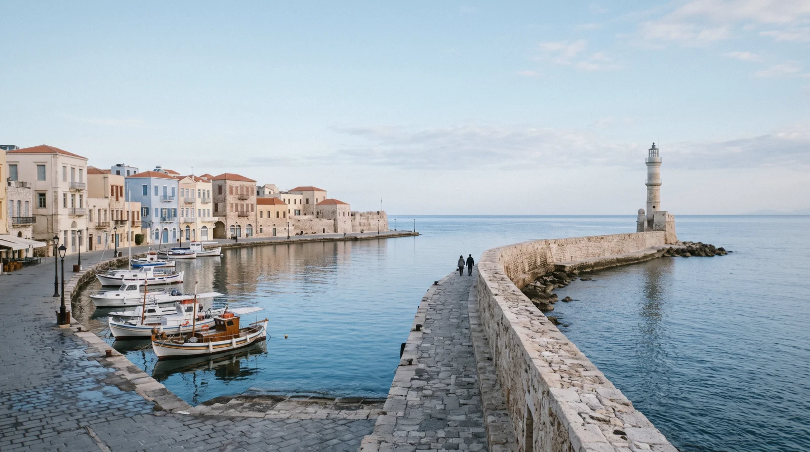 Pale stone lighthouse at the mouth of Chania's Venetian harbour at sunrise, Crete