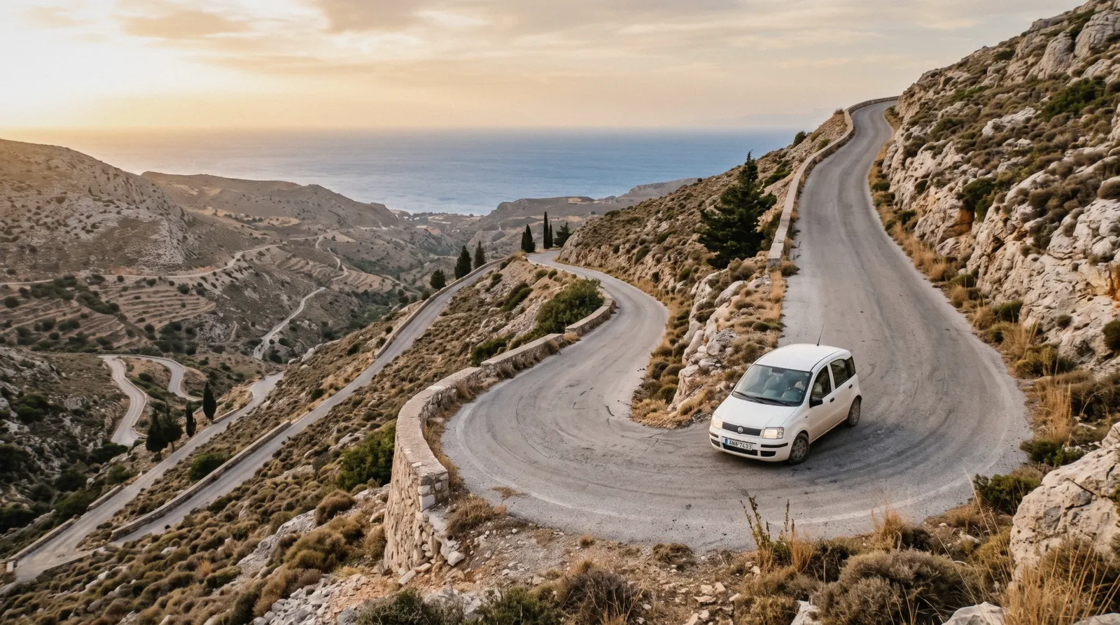 A narrow mountain road in western Crete, the kind of route a crete car rental has to handle beyond the main highway