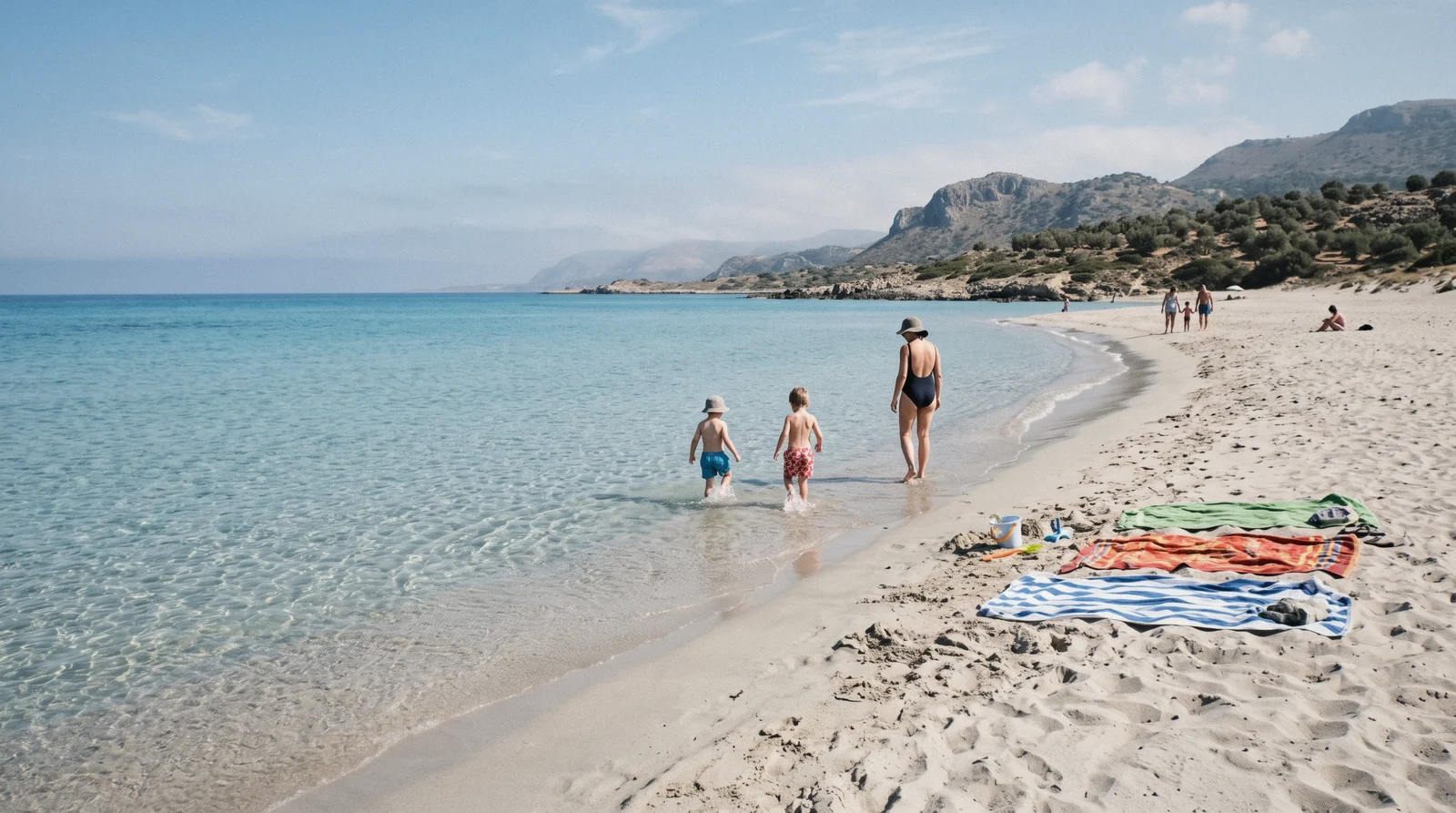 A family wading in shallow turquoise water on a Blue Flag beach, a relaxed base for a Crete with kids holiday