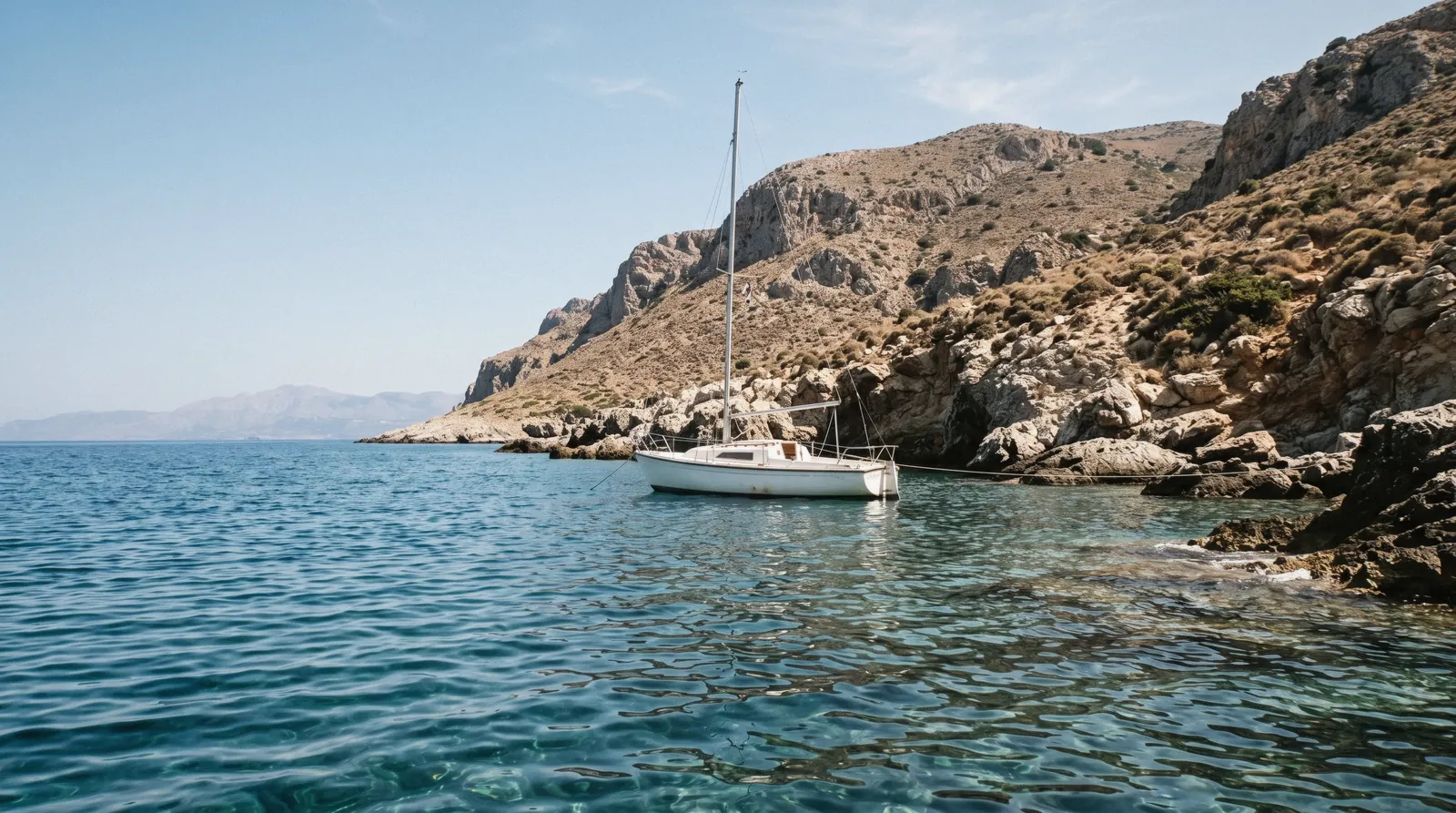 A small sailing boat anchored off the rocky shoreline of Dia island near Heraklion, Crete