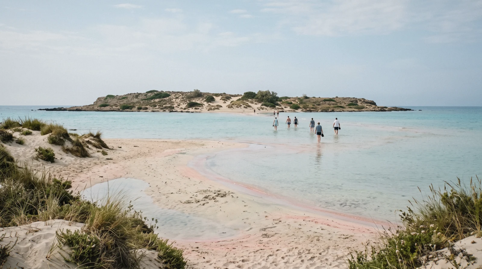 Shallow turquoise lagoon and pink-tinged sand at Elafonisi beach, Crete