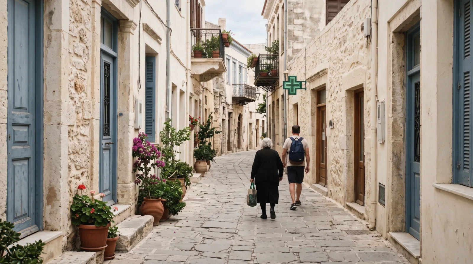 A calm pale stone street in a Crete town at midday, the kind of ordinary scene behind the is Crete safe question