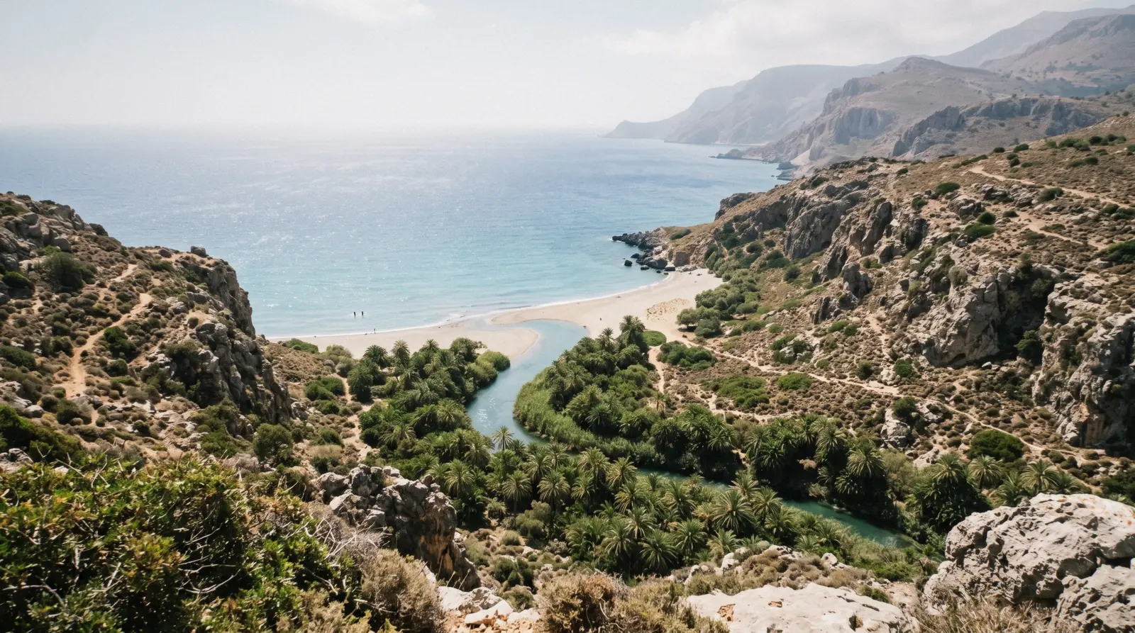 The palm-lined Megas Potamos river meeting the sea at Preveli beach on Crete's south coast
