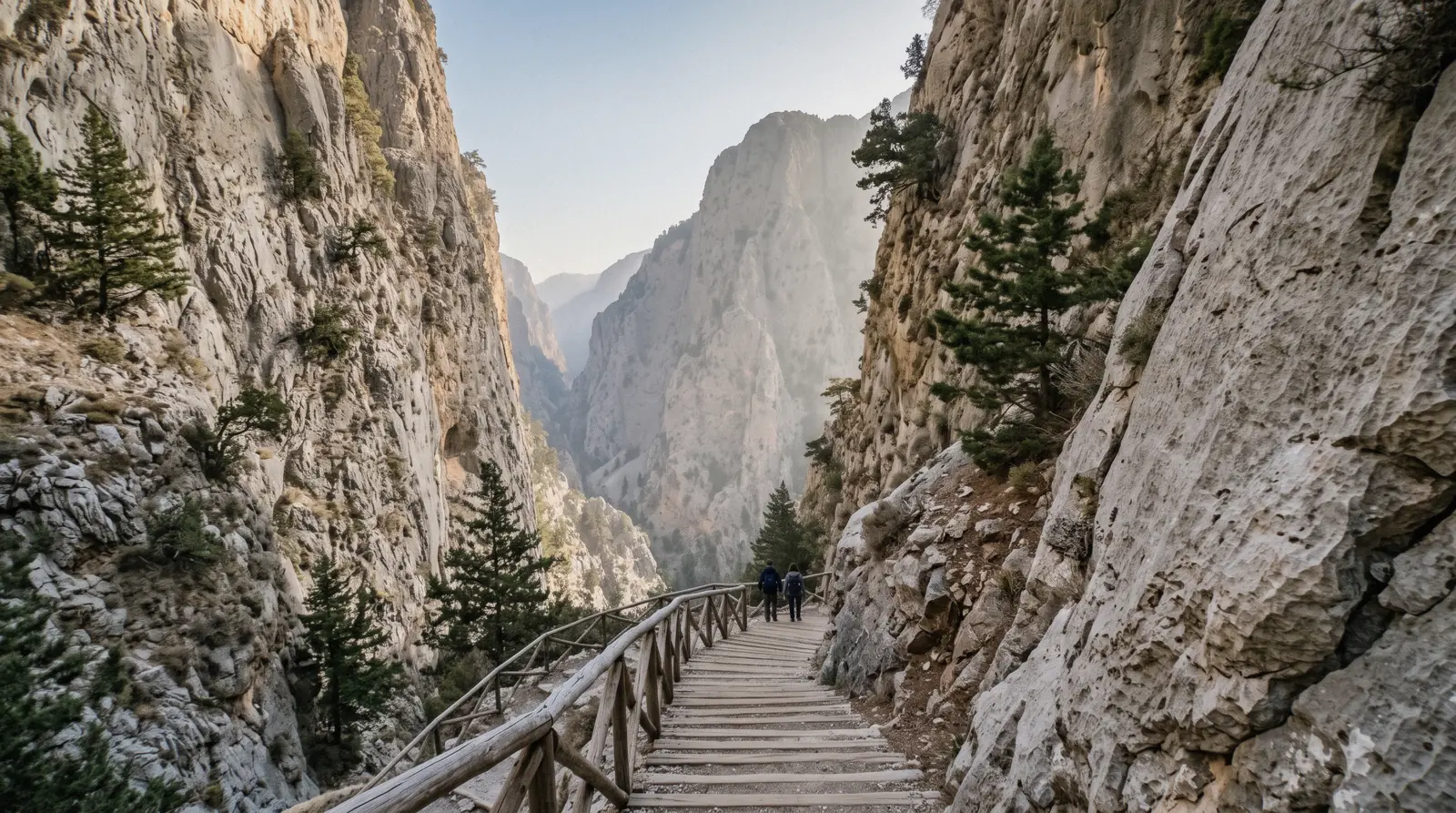 Hikers descending the wooden steps at the Xyloskalo entrance into the limestone walls of Samaria Gorge, Crete