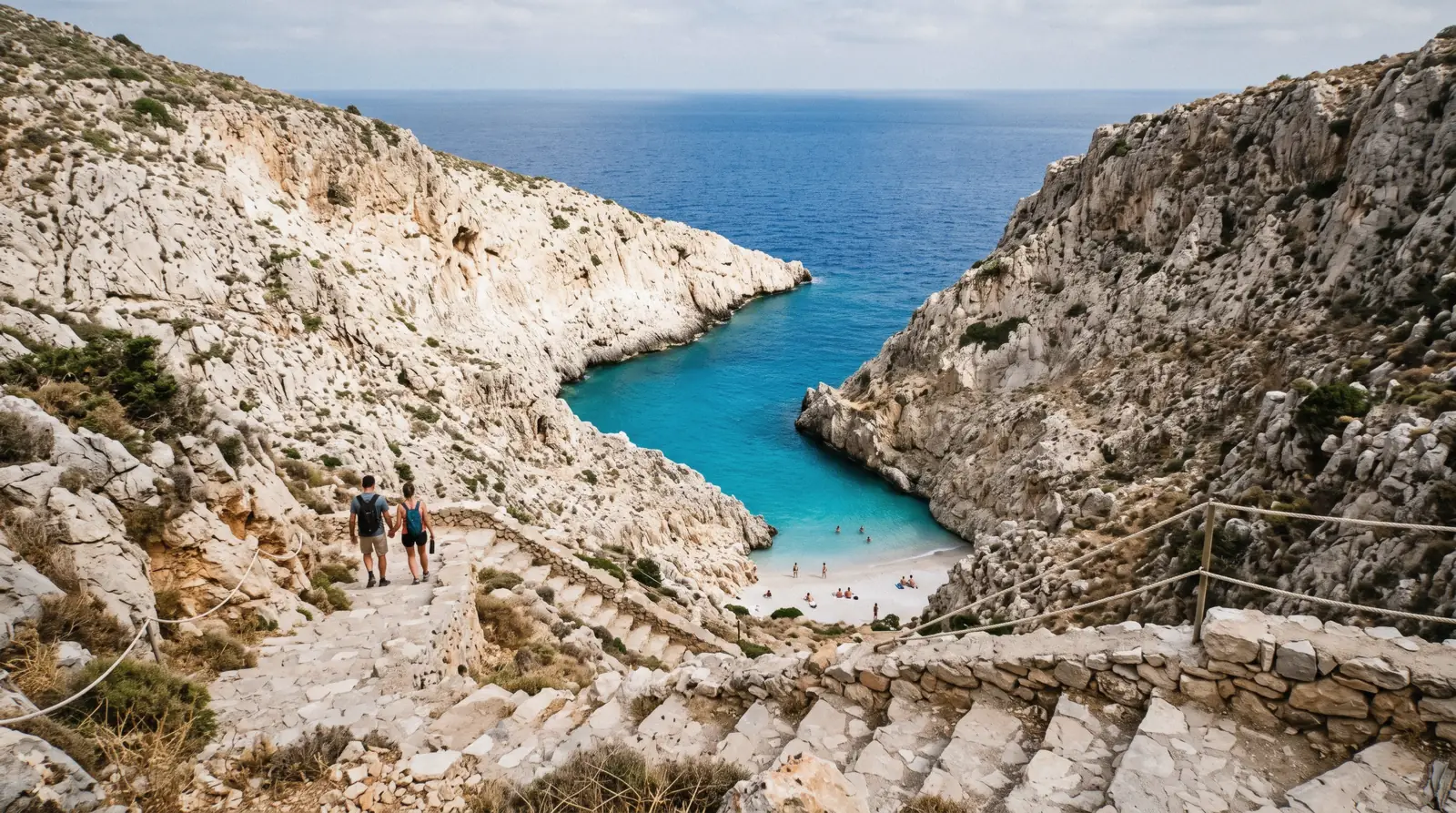 Narrow turquoise cove of Seitan Limania between pale cliffs on the Akrotiri peninsula, Crete