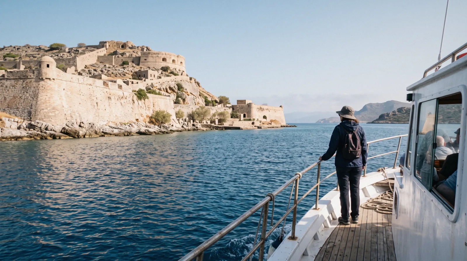Boat approaching the Venetian fortress walls of Spinalonga island in the Gulf of Elounda, Crete