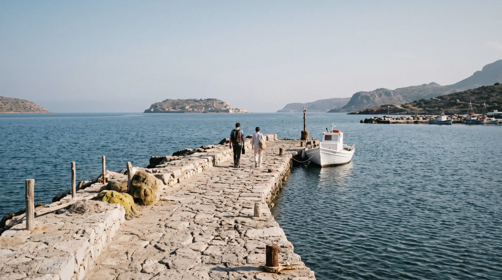 Travelers walking down a stone jetty toward a boat bound for Spinalonga from Elounda harbour, Crete