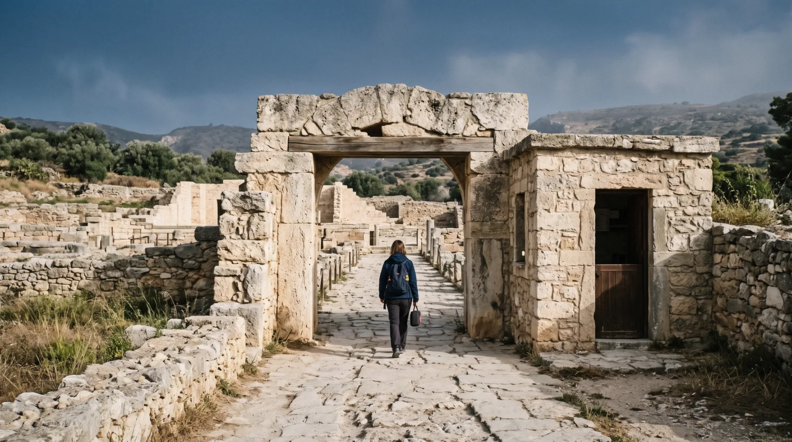 A weathered stone entrance gate at a Crete tickets archaeological site