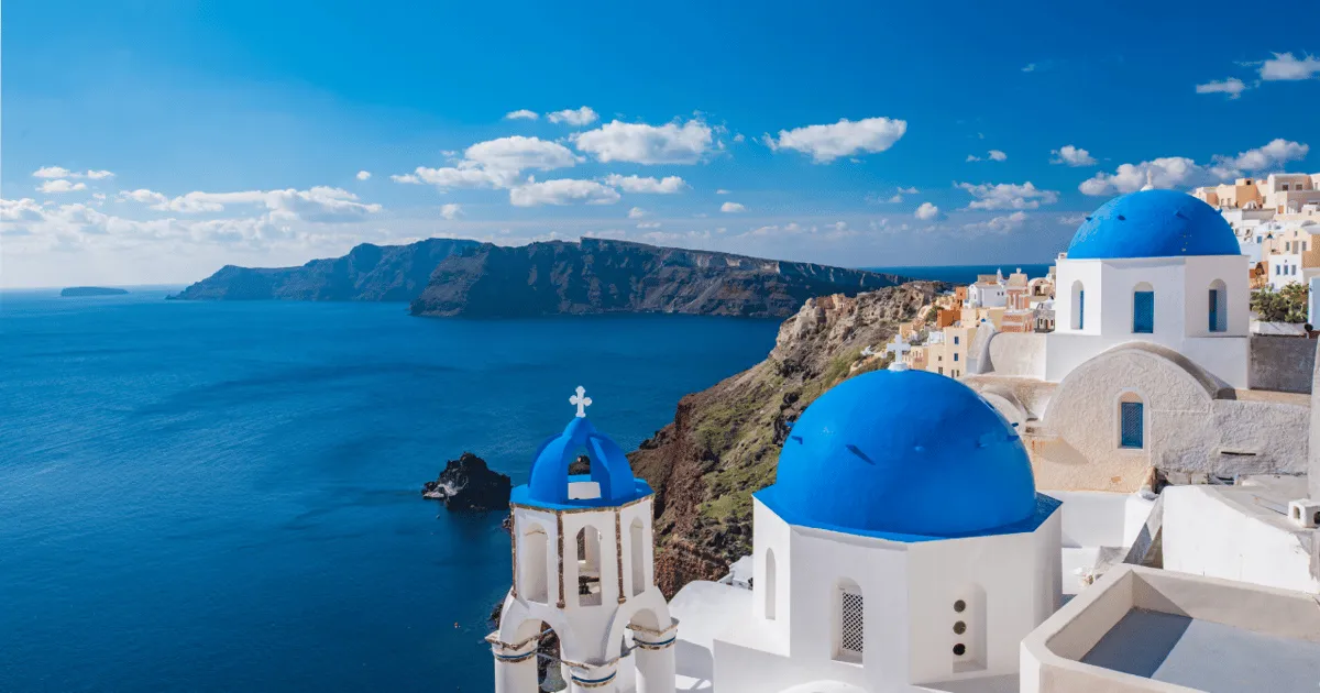 Fira on the caldera rim on a guided Santorini day trip from Heraklion, Crete Greece