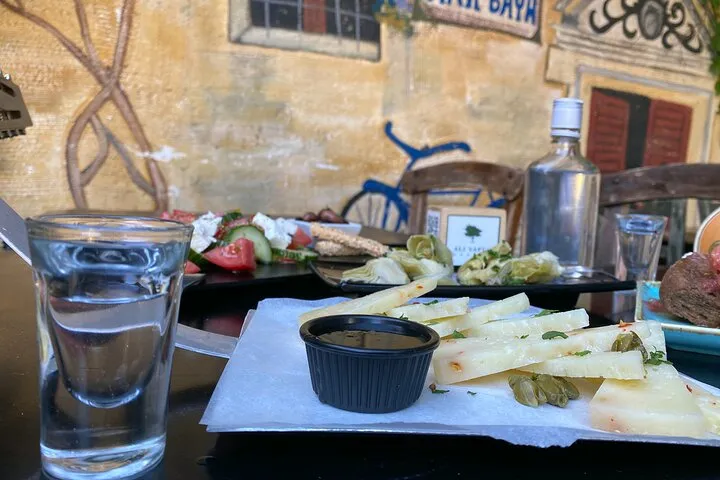 Venetian lane and loggia in Rethymno old town on a walking food tour, Crete Greece
