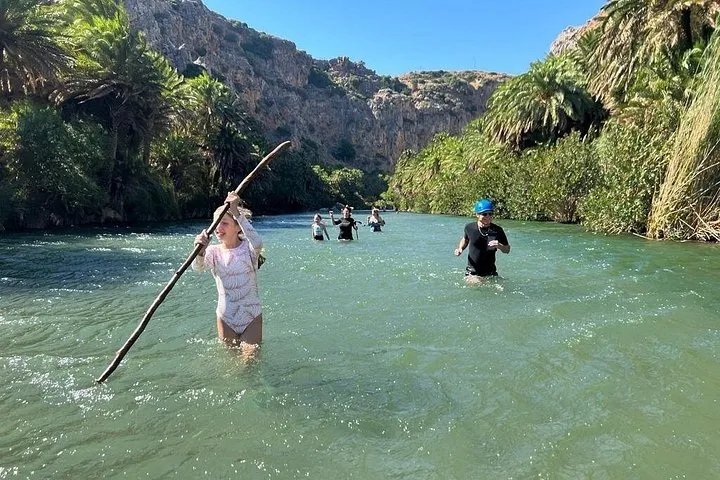 Kourtaliotiko gorge waterfall on a river trek to Preveli beach, Crete Greece