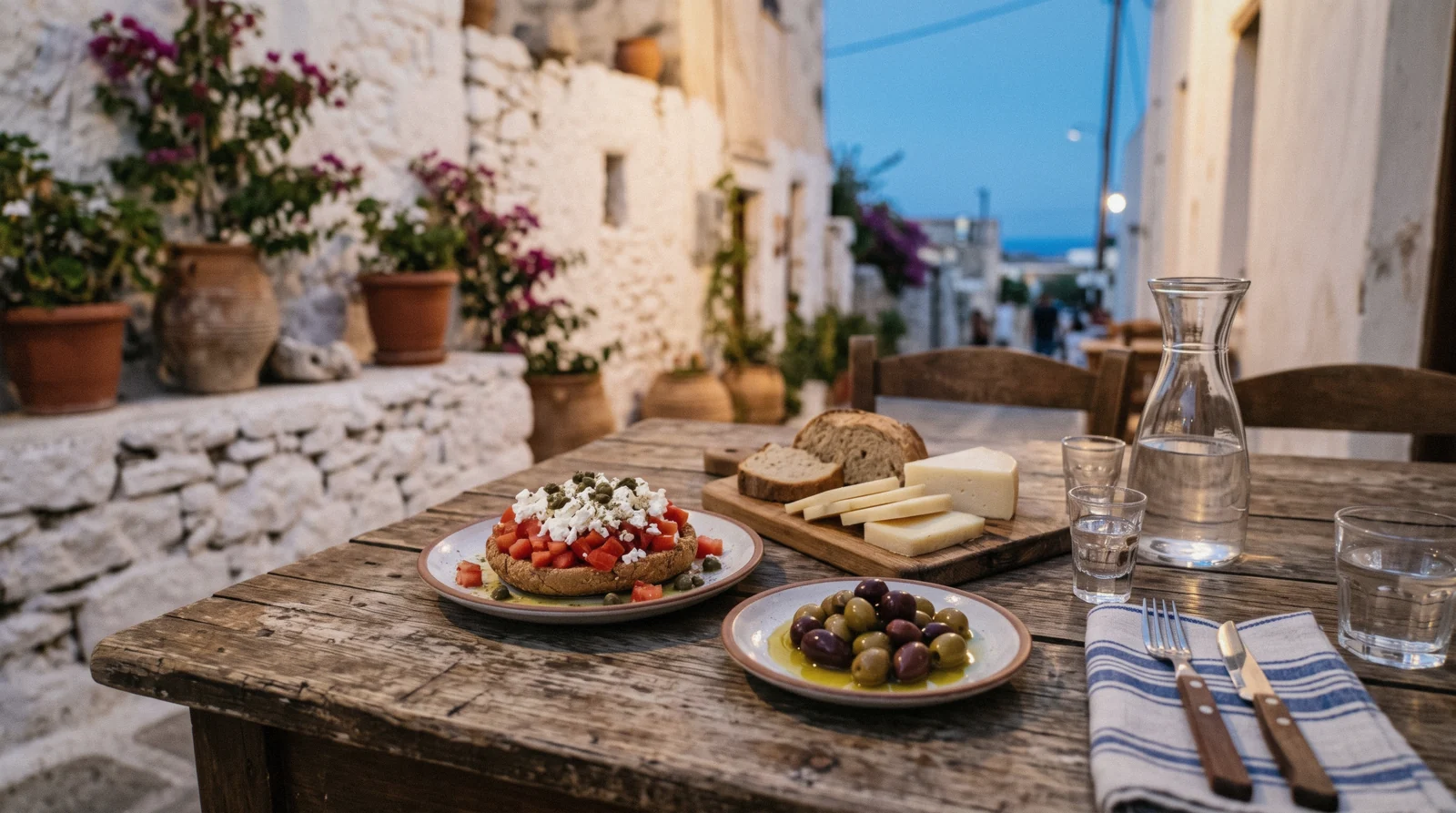 A taverna table of Cretan dakos and olives on a crete food evening