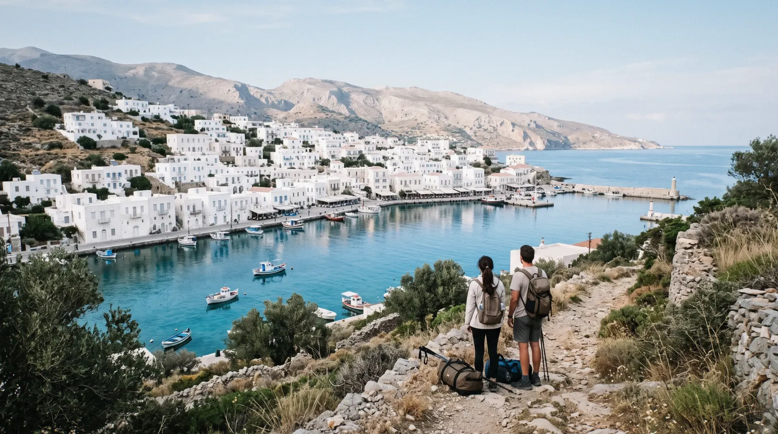 A whitewashed harbour town on the Crete coast at dusk, standing for the island's choice of where to stay