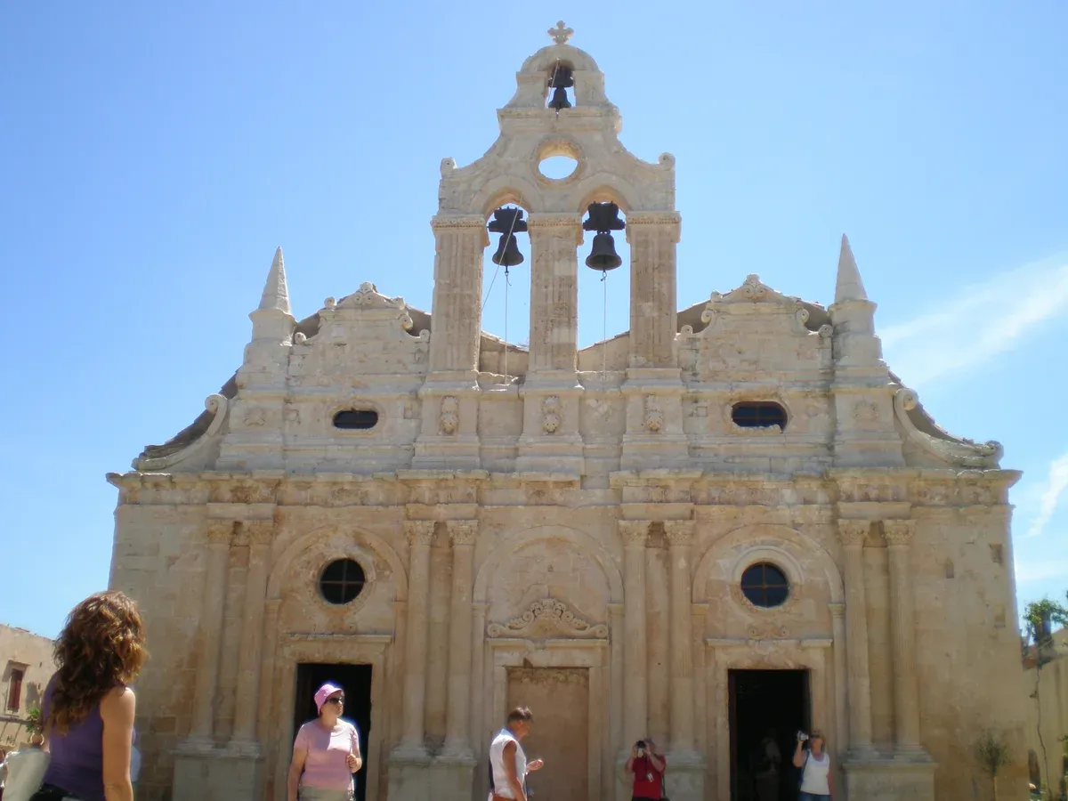 The ornate Venetian baroque bell towers and facade of the Arkadi Monastery church, Crete
