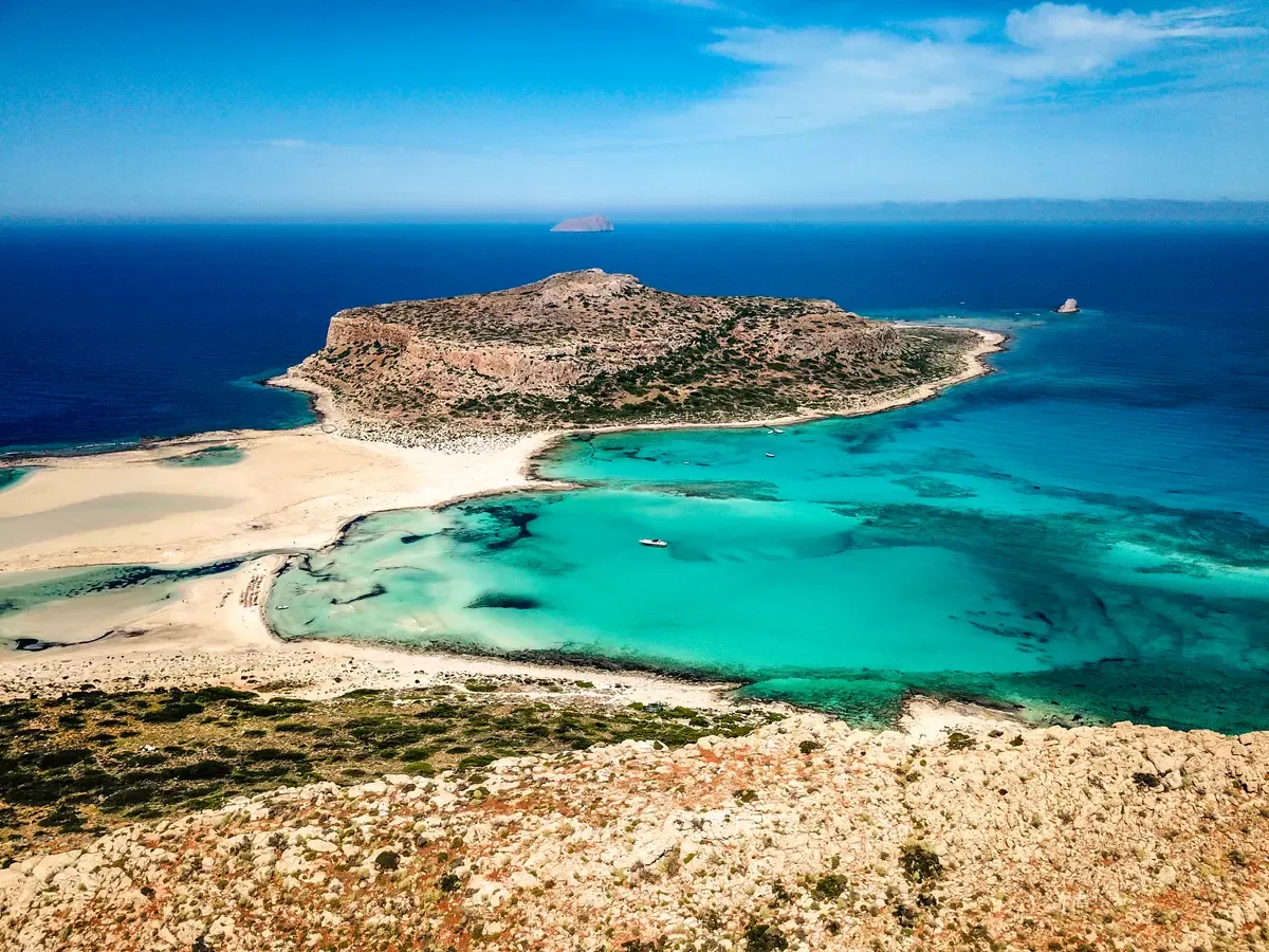 Aerial view of Balos beach and lagoon seen on a Balos boat trip approach, Crete