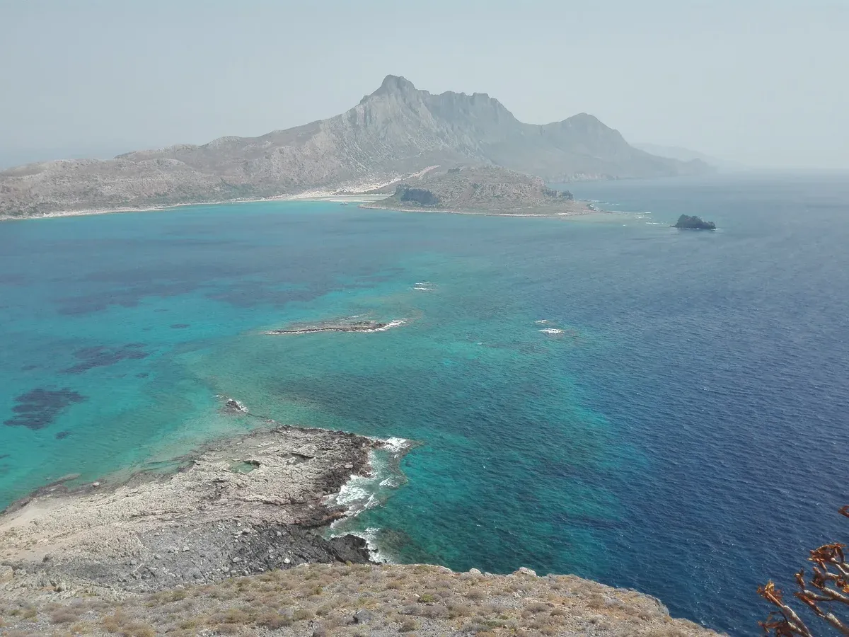 View from the Venetian castle on Gramvousa island over the sea toward Balos lagoon, Crete