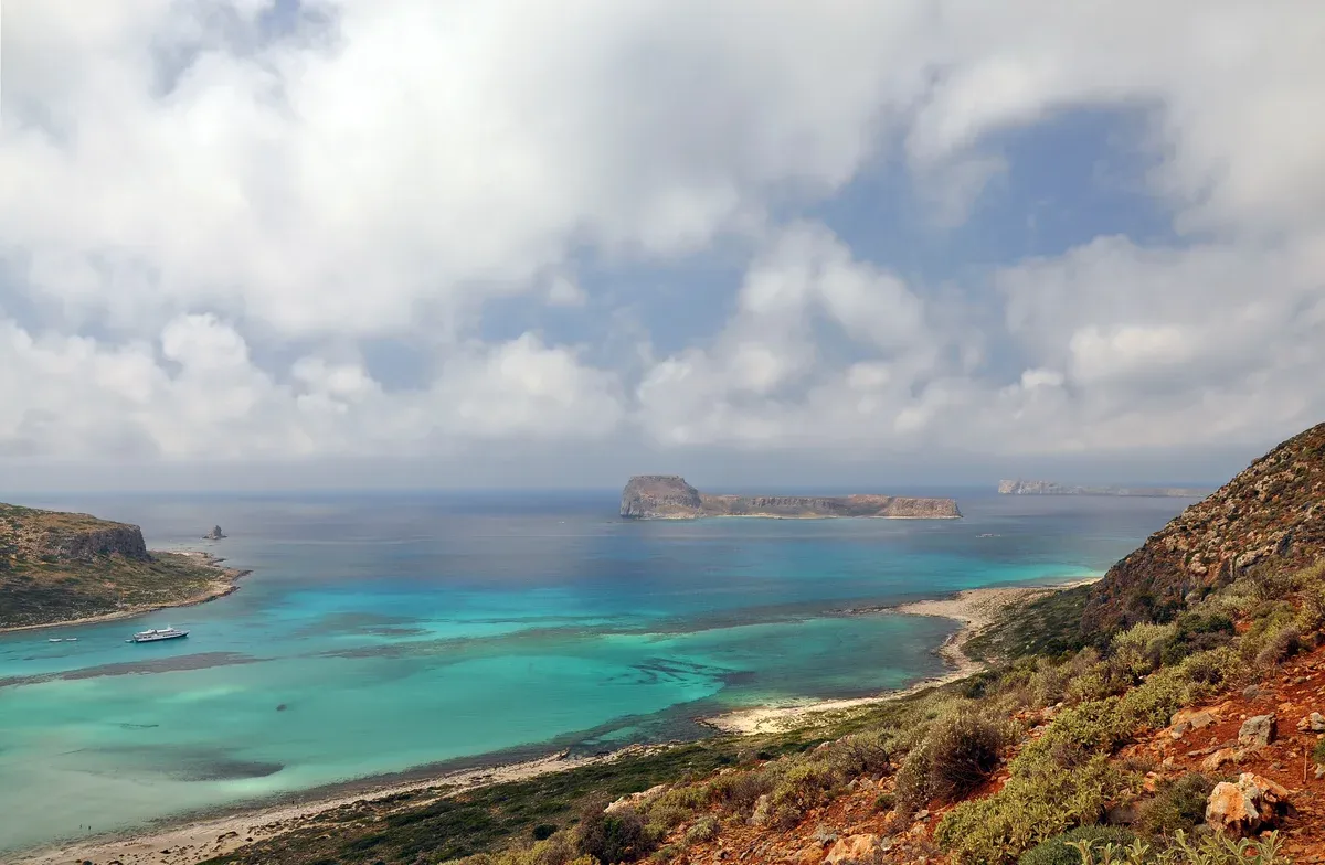 Bay of Balos lagoon with Gramvousa island and the Tigani peninsula, Crete