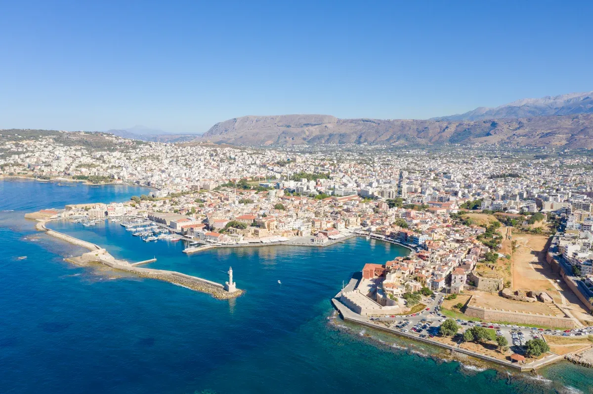 Aerial view of the Old Venetian Harbour in Chania, a base town pinned on the Crete map