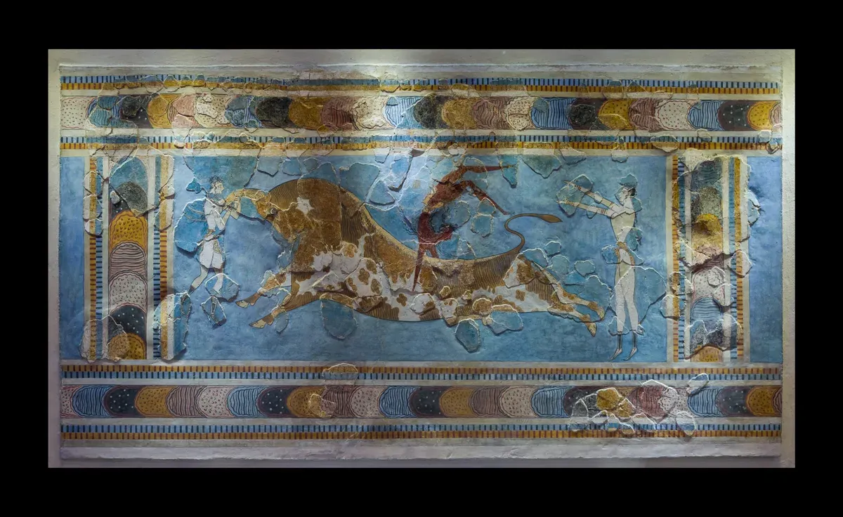 The Bull-Leaping fresco from Knossos on display at the Heraklion Archaeological Museum, Crete