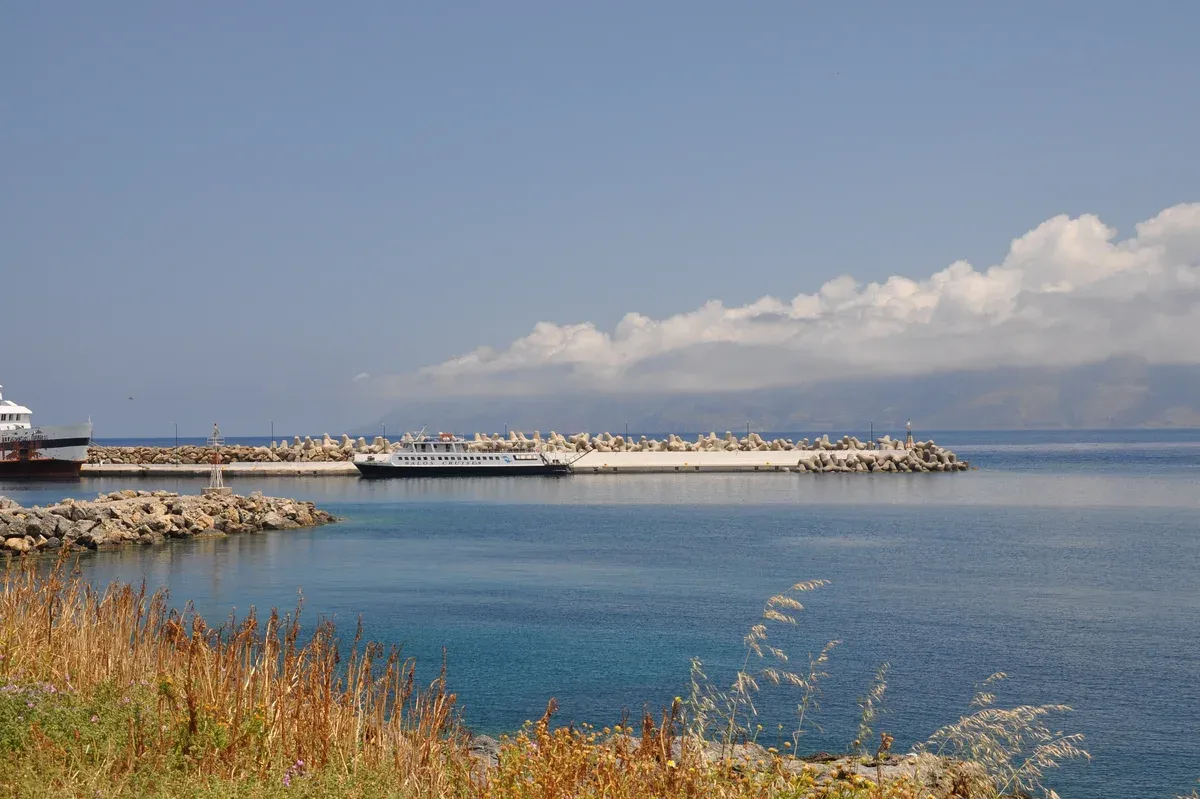 The breakwater and ferry dock at the Port of Kissamos, the harbour town on Crete's western tip