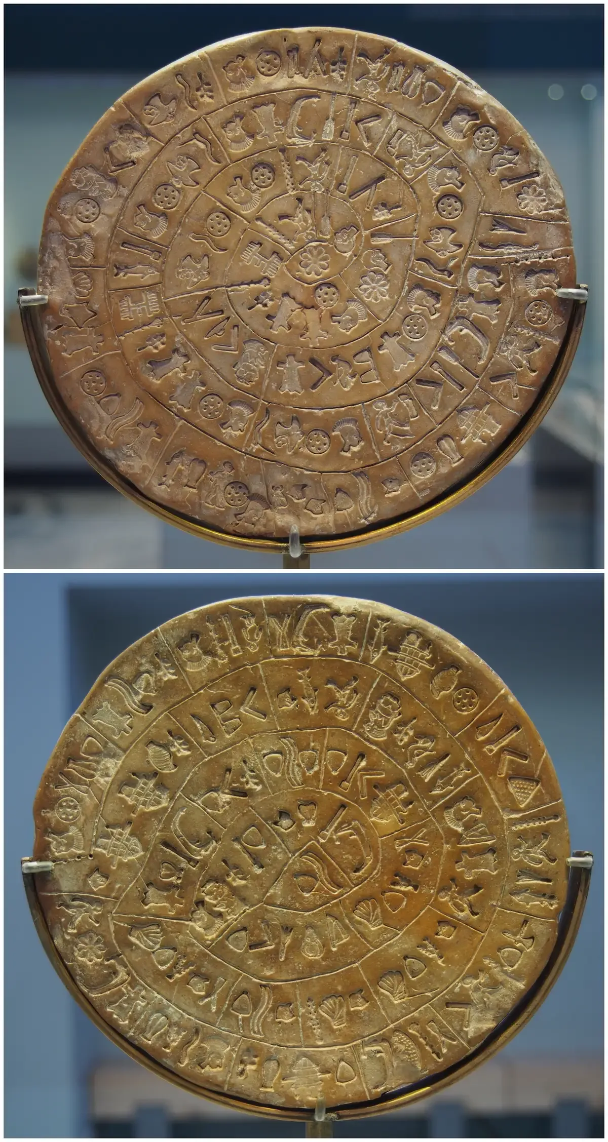 The Phaistos Disc, found at the Minoan palace of Phaistos, now displayed at the Heraklion Archaeological Museum