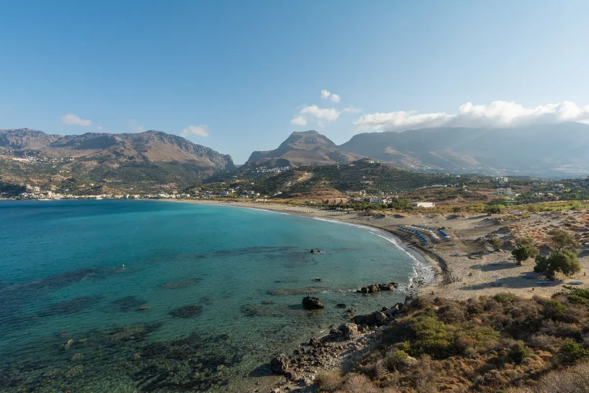 Plakias beach and bay seen from the shoreline, the Blue Flag beach on Crete's south coast